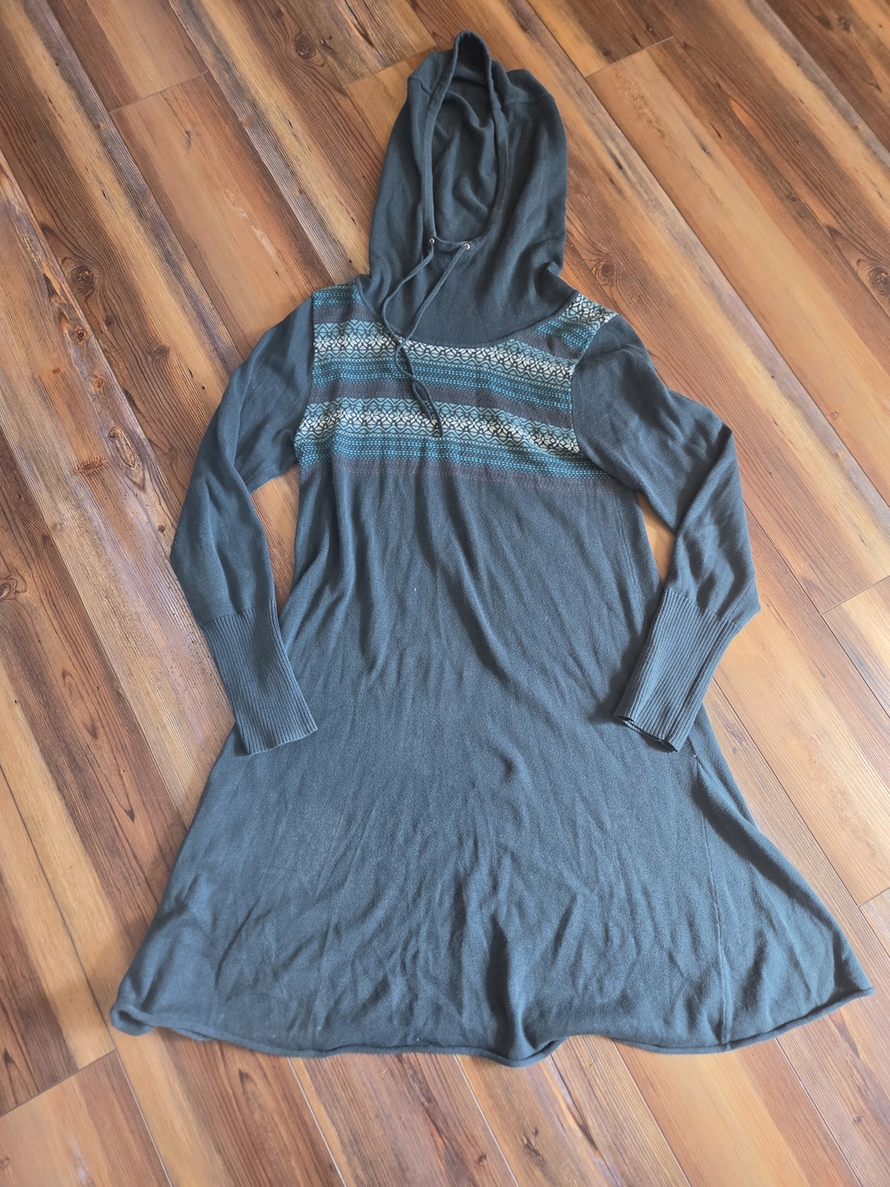 Teal Hooded Knit Dress with Fair Isle Detail - Picture 6 of 8